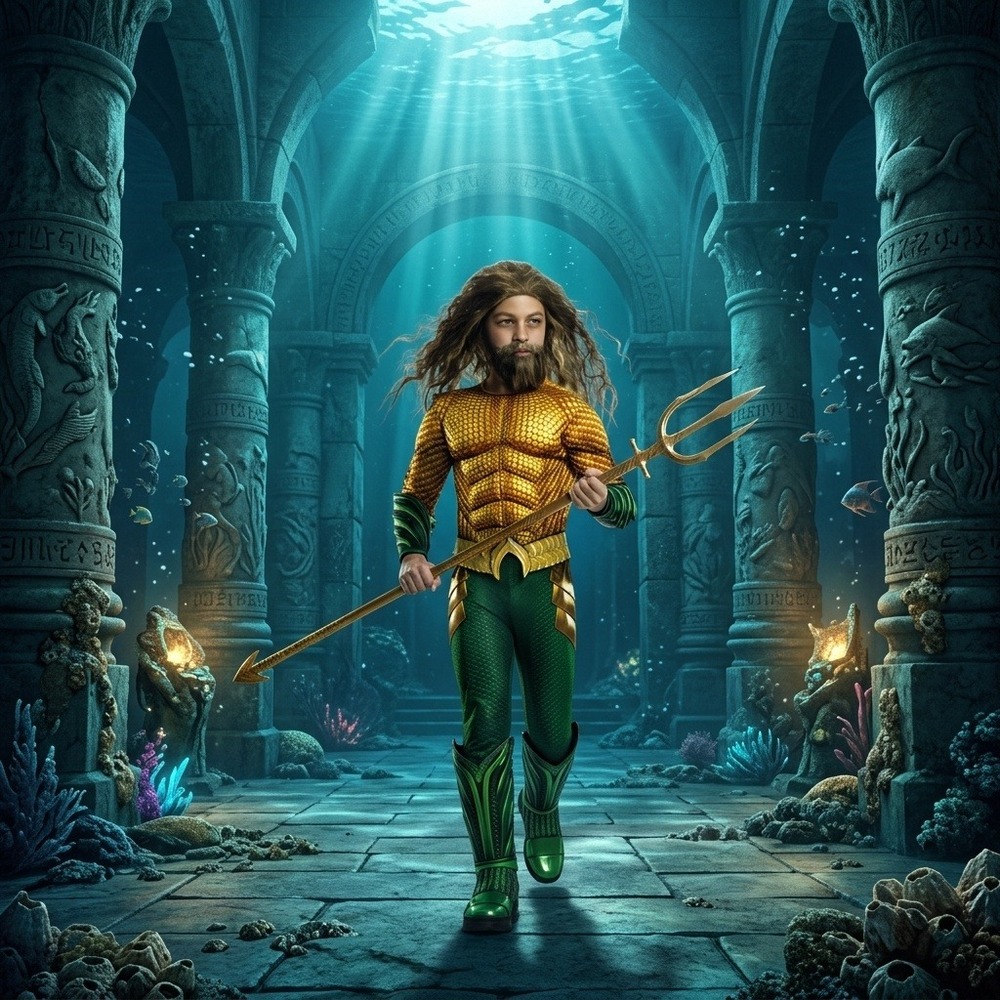 DC Aquaman Costume Kids Muscle Chest Child Jumpsuit Gold Green Size Medium 8-10